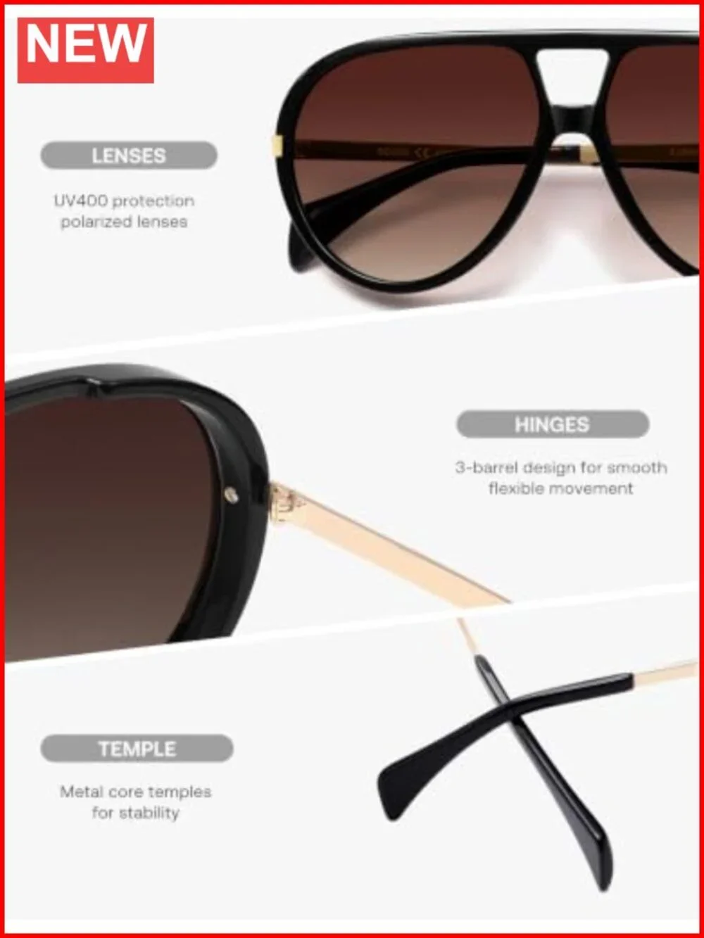 Retro Oversized Aviator Polarized Sunglasses for Men Women UV Protection TR-90
